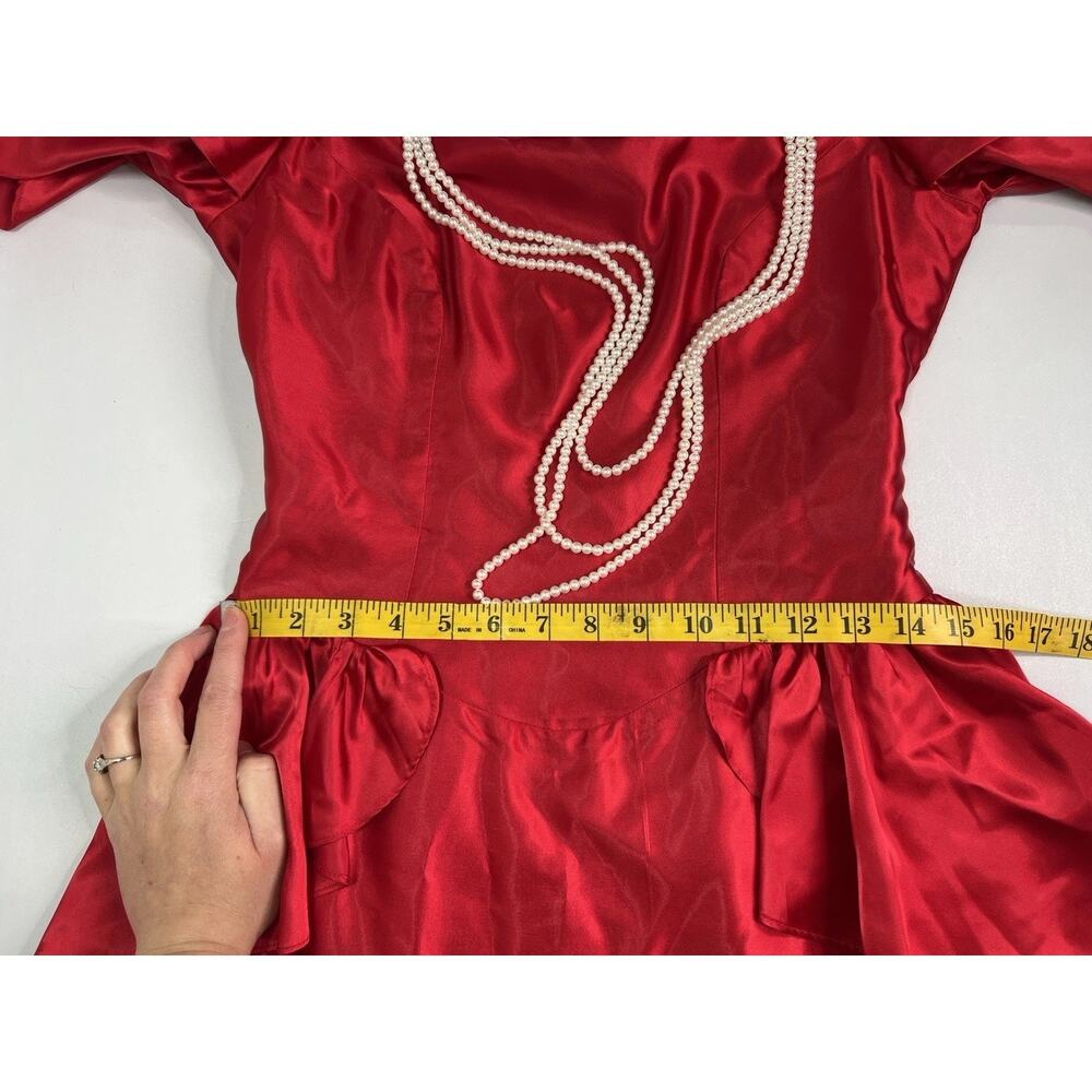 Vintage Dance Allure Red Satin Party Prom Dress Faux Pearl Appliqué Tag Sz 9/10 - Picture 13 of 13
